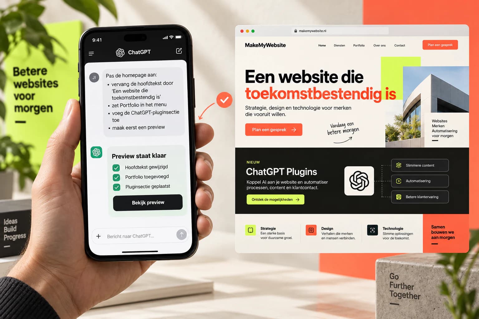 Een hand houdt een telefoon met ChatGPT vast; een concrete homepagewijziging staat klaar als website-preview